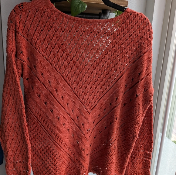 Alya Rust Orange Pointelle Knit Sweater Medium V-Neck Chevron Crochet Boho - Picture 2 of 10